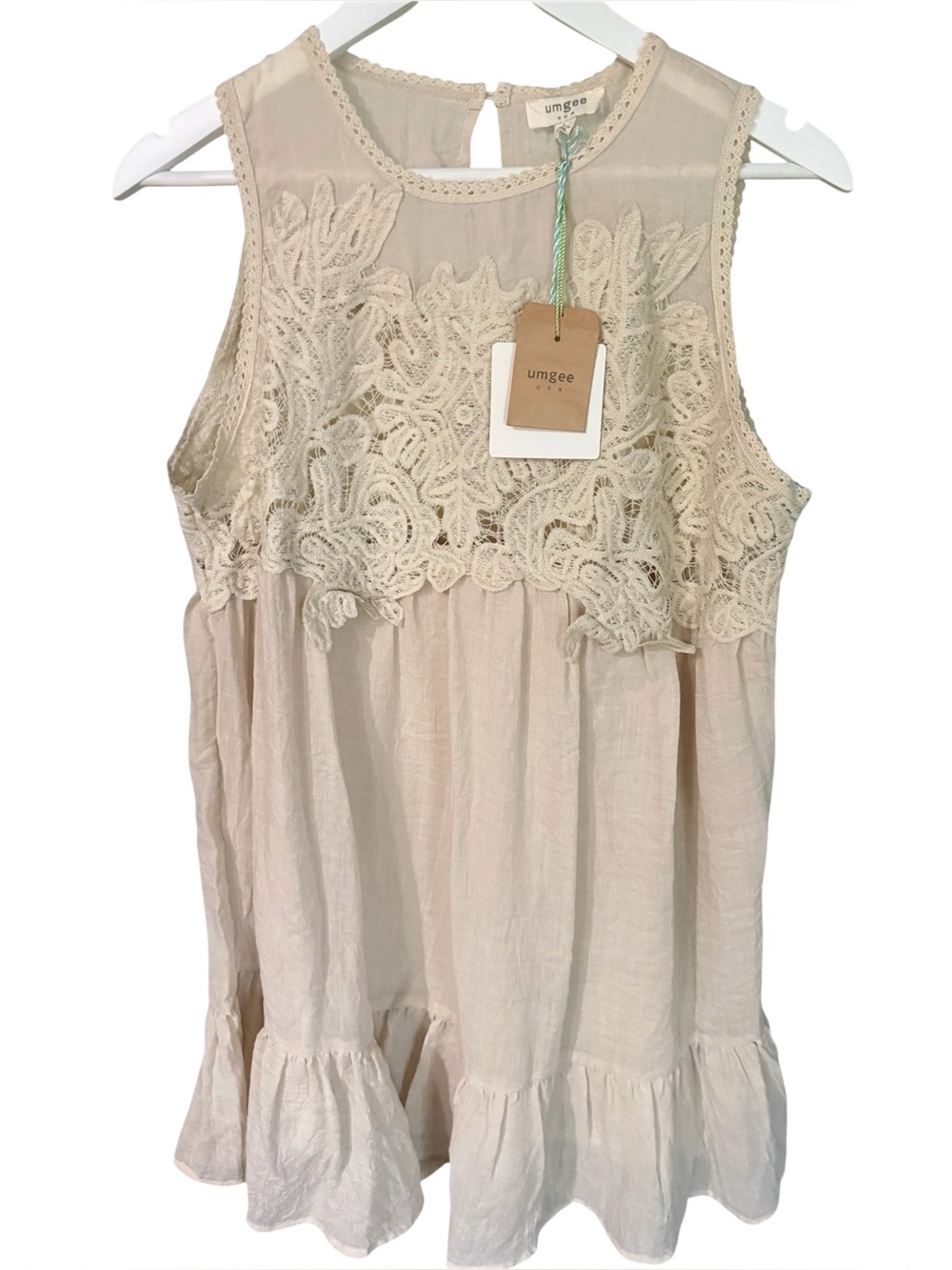 Umgee Cream Lace crochet Trim Sleeveless Dress Sz. L